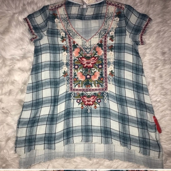 Plaid embroidered julienne drape top by Johnny Was - Picture 6 of 7